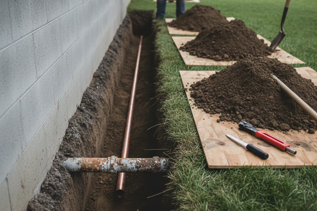 Excavated water line trench during Sewer Line Repair in Bellaire